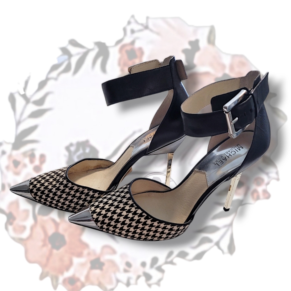 💕 Michael Kors "Wow Zady" Houndstooth Print Chrome Accent Heels size 10M - Picture 5 of 6
